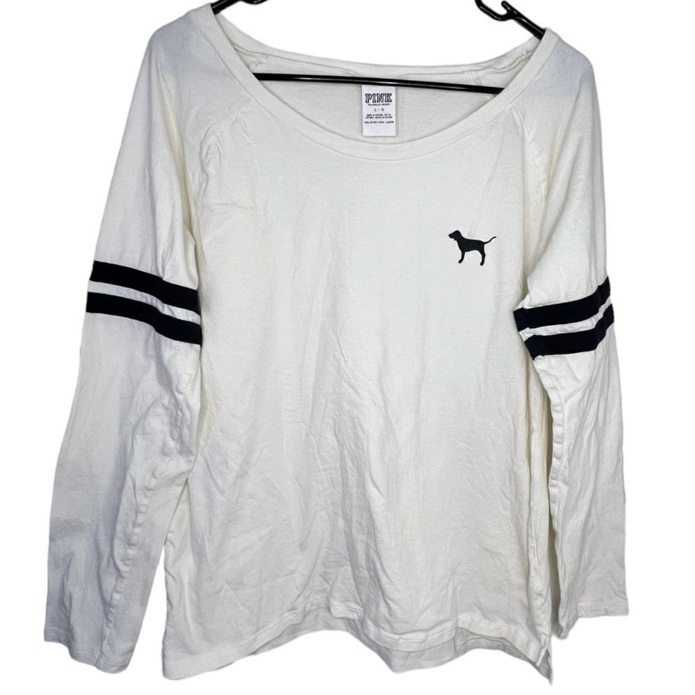 PINK White and Black Long Sleeve T-Shirt With Dog On Front